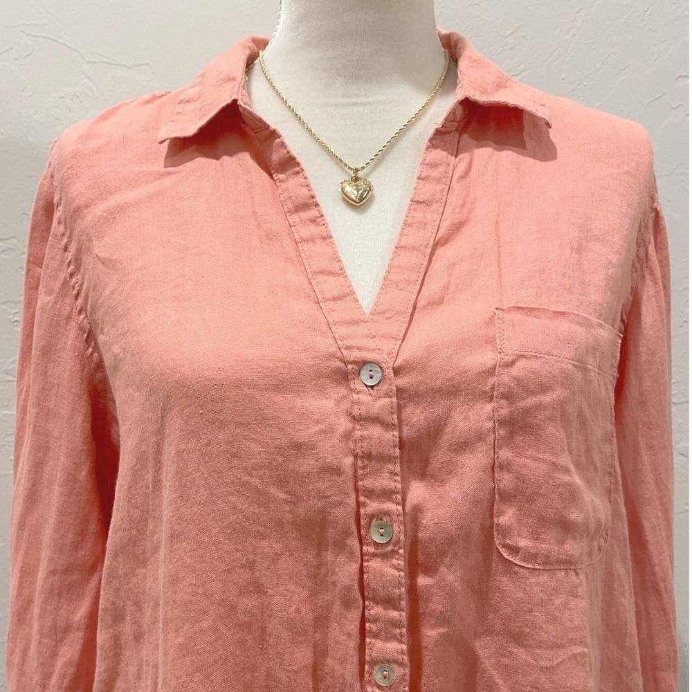 Sigrid‎ Olsen Womens Peach Orange Roll-Tab Sleeve Linen Button-Up Shirt L Beach - Picture 2 of 10